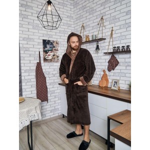 Теплый Мужской длинный халат с капюшоном Велсофт 4002 Коричневый, 2XL