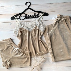 Бархатный комплект 3 в 1 с кружевом Christel 057 Песочный, M