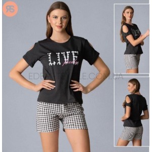 Пижама шорты в клетку и футболка Live 5787 Черный, XL