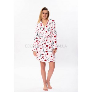 Теплый короткий халат с капюшоном принт Сердца Белый, XL