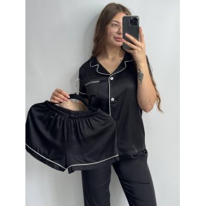 Шелковый комплект тройка Рубашка Шорты Брюки 174 Черный, 3XL