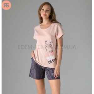 Пижама футболка Meow и шорты с карманами 5261 Пудровый, XL